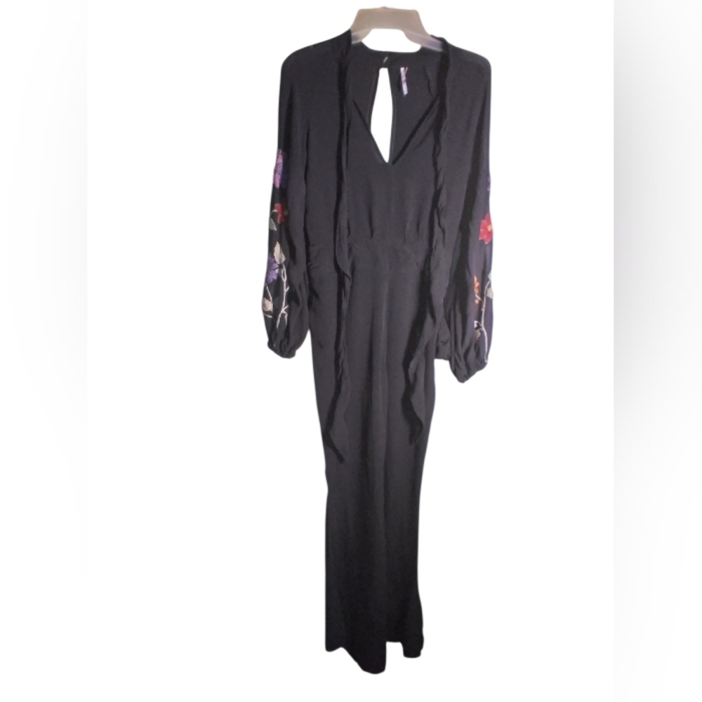 Free People Black Balloon Sleve Embroidered Jumpsuit Size 0 Goth Dark Fairy